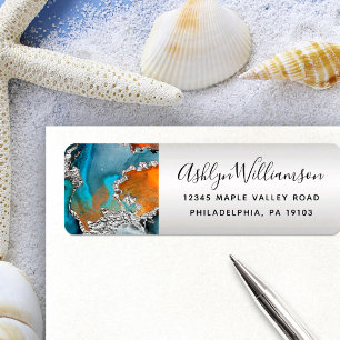 Agate watercolor silver turquoise orange address return address label
