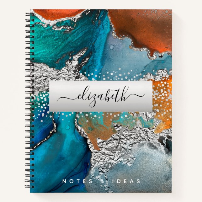 Agate watercolor silver turquoise orange script notebook (Front)