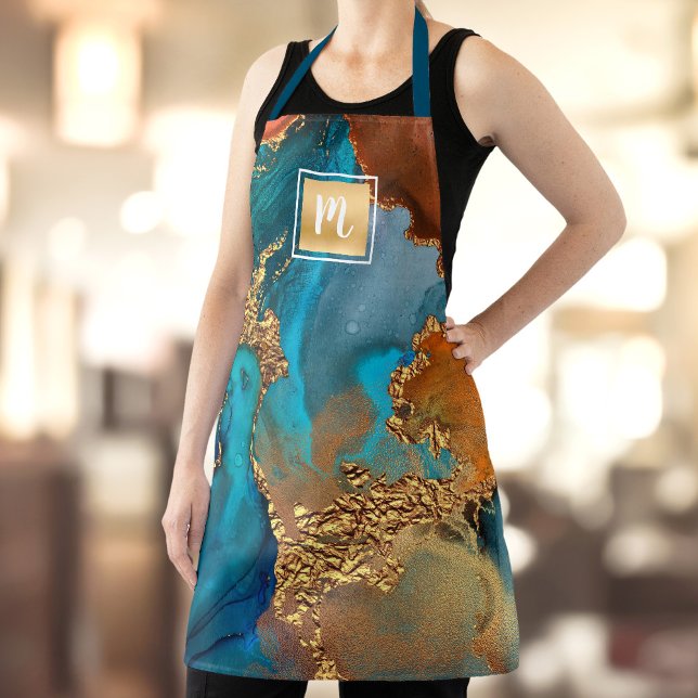 Agate watercolor turquoise gold orange monogram apron (Creator Uploaded)