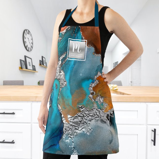 Agate watercolor turquoise silver salon monogram apron (Creator Uploaded)