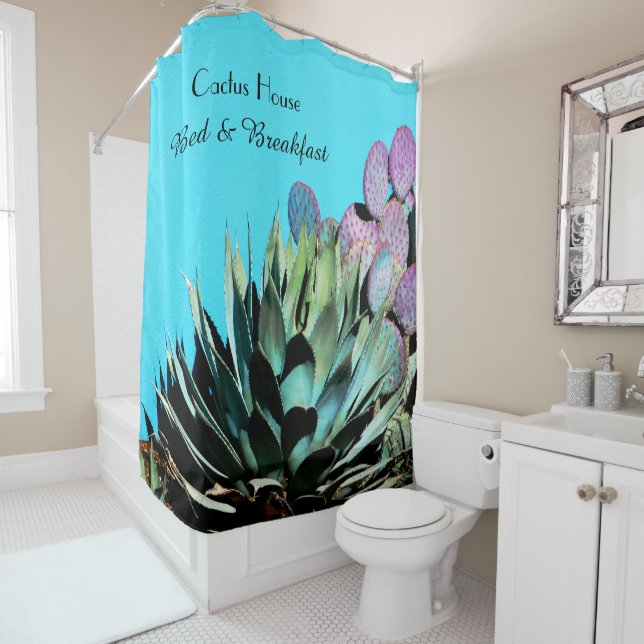 Agave and Prickly Pear Cactus on Turquoise Wall Shower Curtain (In Situ)