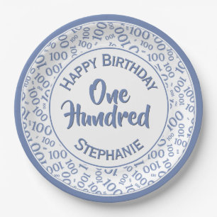 Age 100 Scattered Number Pattern Blue/White Paper Plate
