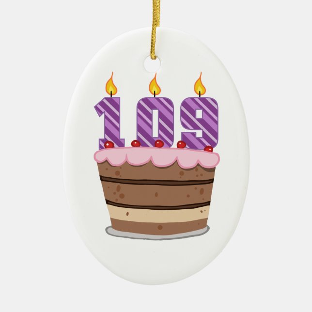 Age 109 on Birthday Cake Ceramic Tree Decoration (Front)