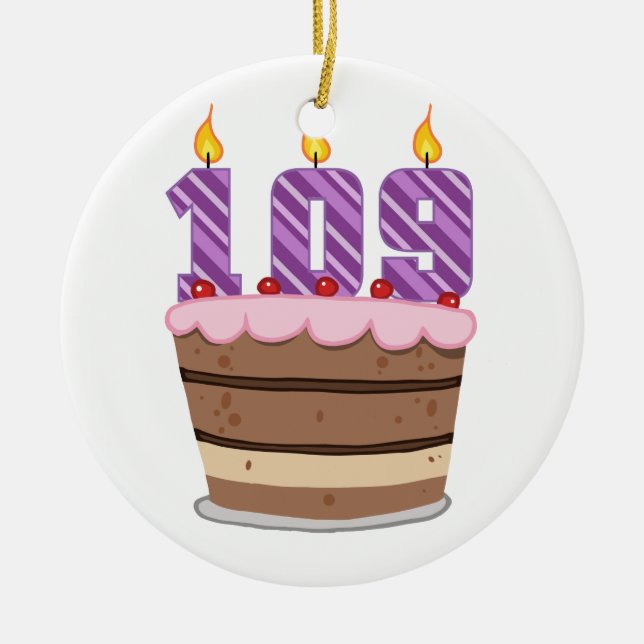 Age 109 on Birthday Cake Ceramic Tree Decoration (Front)
