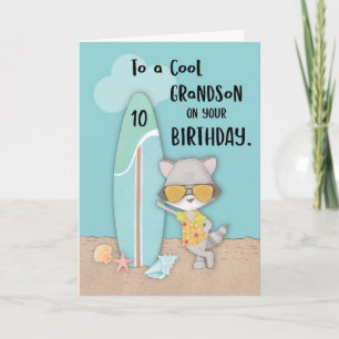 Age 10 Grandson Birthday Beach Funny Cool Racoon Card