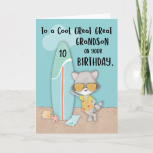 Age 10 Great Great Grandson Birthday Beach Racoon Card
