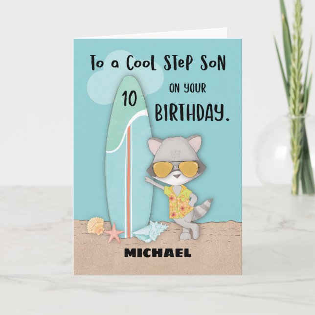 Age 10 Step Son Birthday Beach Funny Cool Racoon  Card (Front)