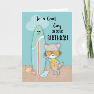 Age 11 Guy Birthday Beach Funny Cool Racoon Card