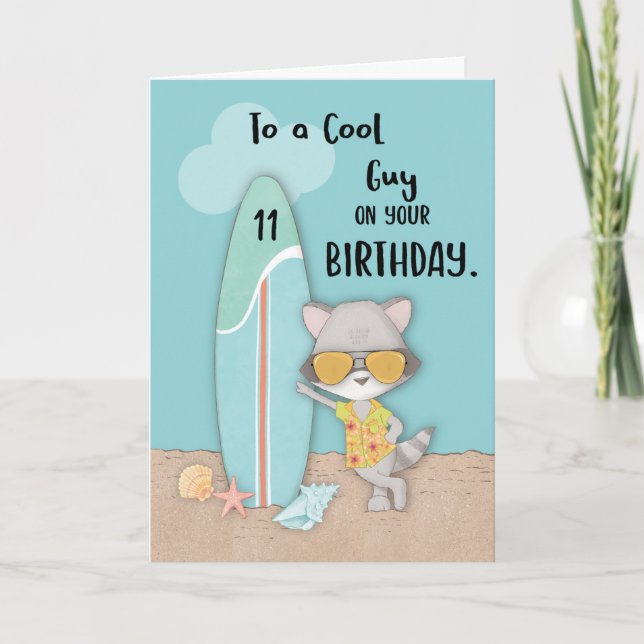 Age 11 Guy Birthday Beach Funny Cool Racoon  Card (Front)