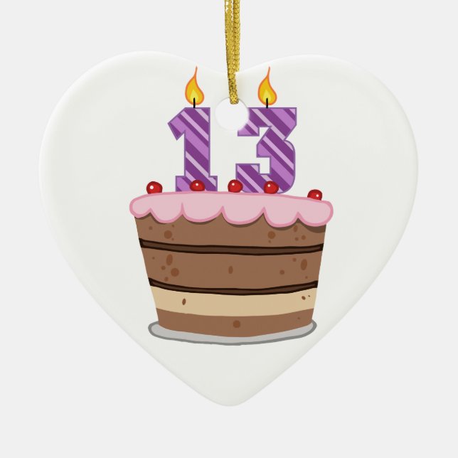 Age 13 on Birthday Cake Ceramic Ornament (Front)