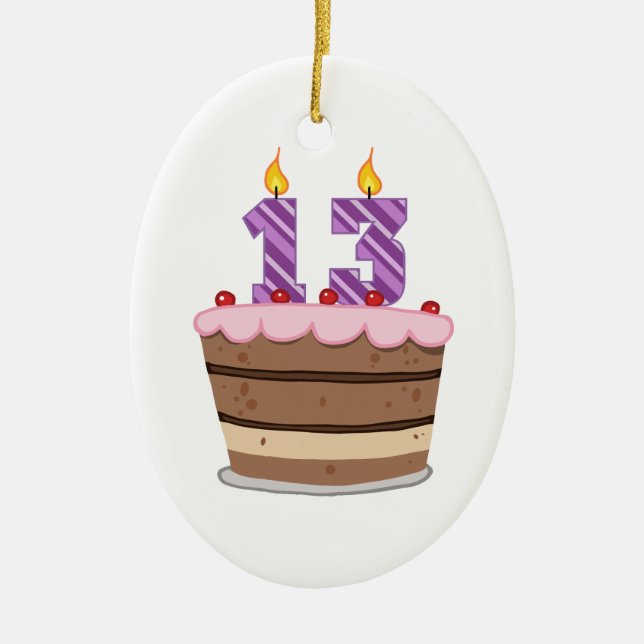 Age 13 on Birthday Cake Ceramic Tree Decoration (Front)