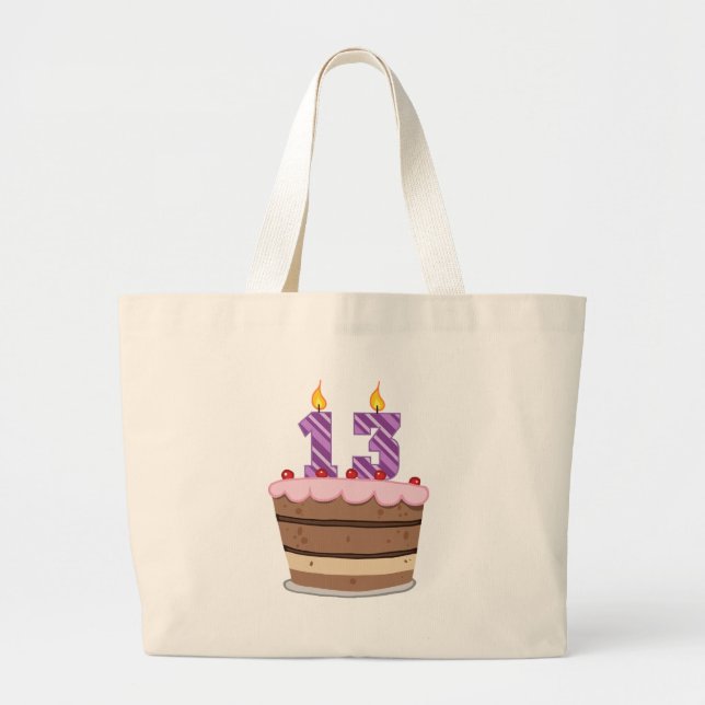 Age 13 on Birthday Cake Large Tote Bag (Front)