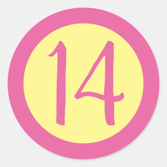 Age 14 Number Customisable Pink Text on Yellow Classic Round Sticker (Front)