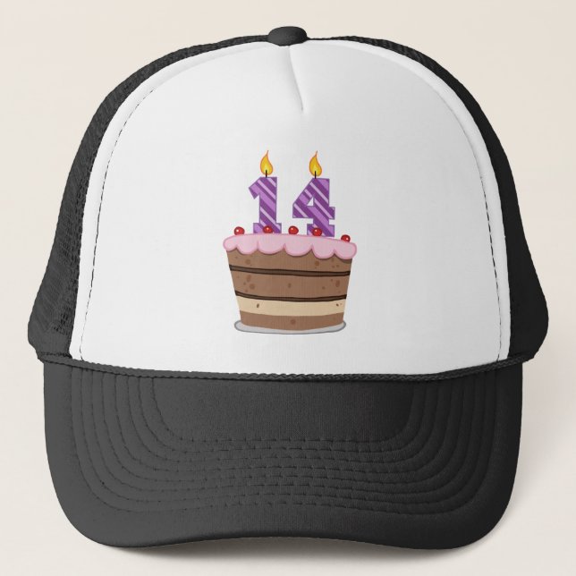 Age 14 on Birthday Cake Trucker Hat (Front)