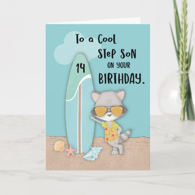 Age 14 Step Son Birthday Beach Funny Cool Racoon  Card (Front)