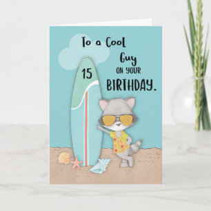 Age 15 Guy Birthday Beach Funny Cool Racoon  Card