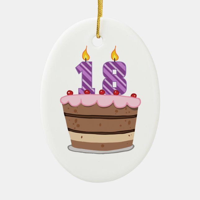 Age 18 on Birthday Cake Ceramic Ornament (Front)