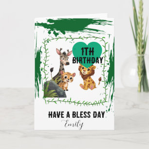Age 1 green Jungle animals birthday Card