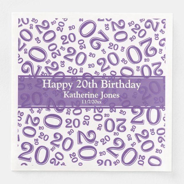 Age 20 Random Number Pattern Purple/White Napkin (Front)