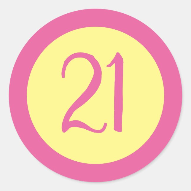 Age 21 Number Customisable Pink Text on Yellow Classic Round Sticker (Front)