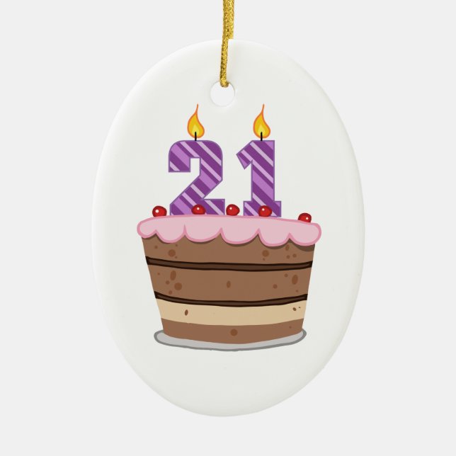 Age 21 on Birthday Cake Ceramic Tree Decoration (Front)