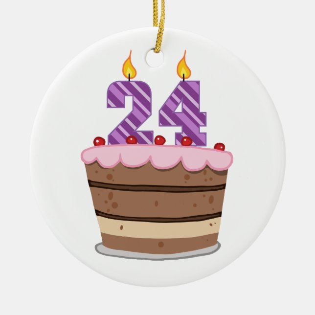 Age 24 on Birthday Cake Ceramic Tree Decoration (Front)