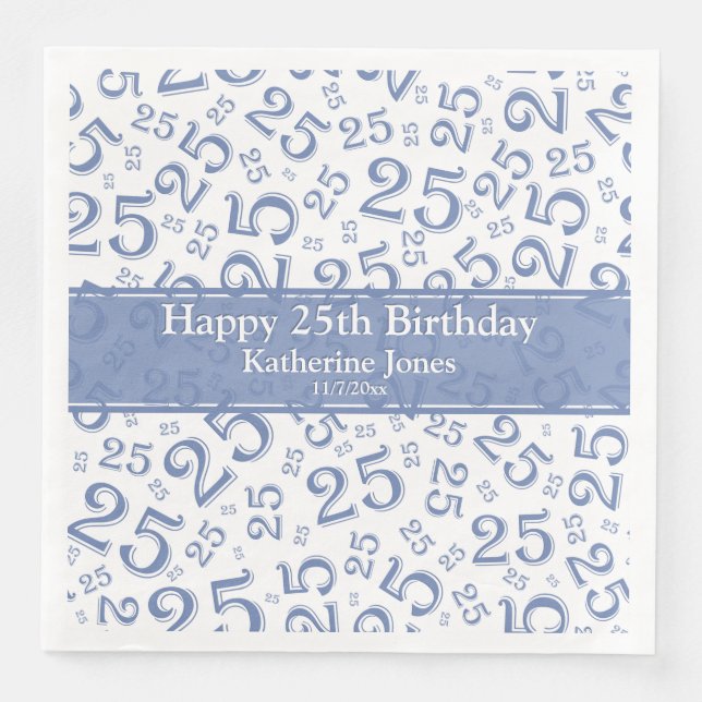 Age 25 Random Number Pattern Blue/White Napkin (Front)