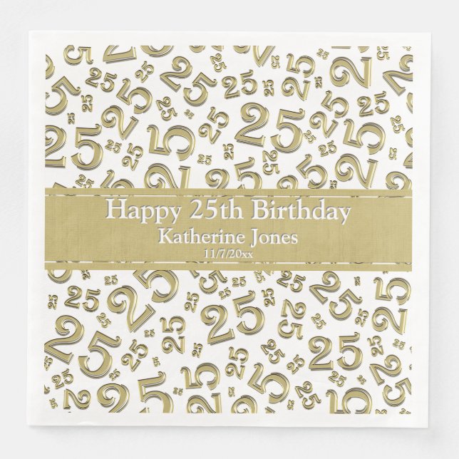 Age 25 Random Number Pattern Gold/White Napkin (Front)