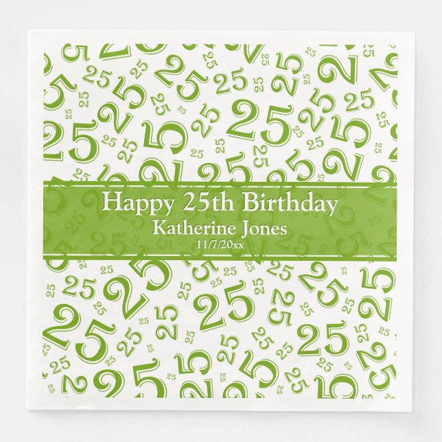 Age 25 Random Number Pattern Green/White Napkin (Front)