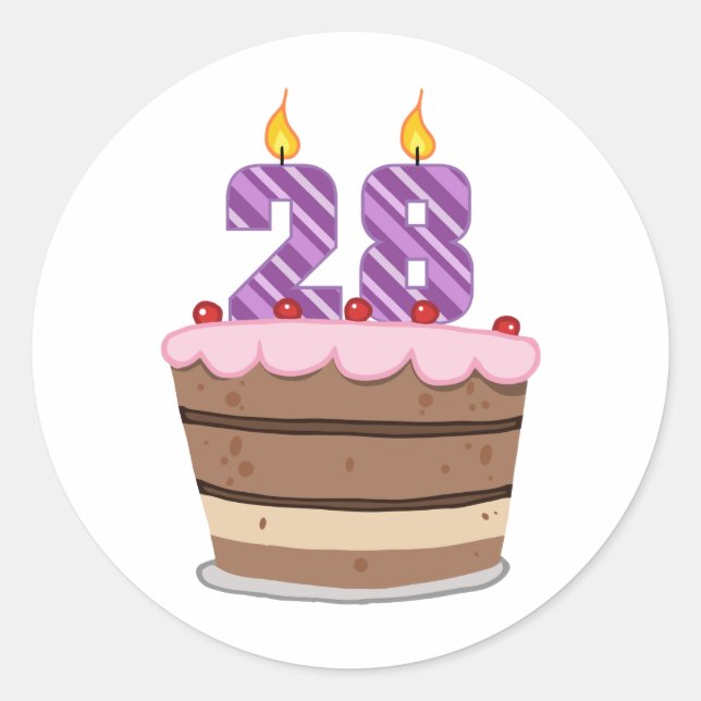 Age 28 on Birthday Cake Classic Round Sticker (Front)