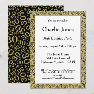 Age 30 Random Number Pattern Black/Gold 30th Invitation