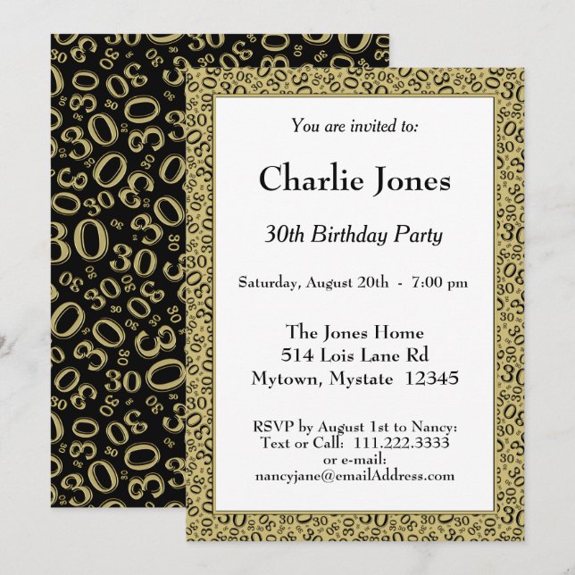 Age 30 Random Number Pattern Black/Gold 30th Invitation (Front/Back)
