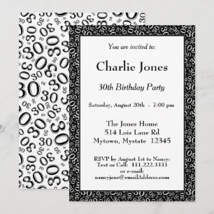 Age 30 Random Number Pattern Black/White 30th Invitation