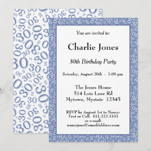 Age 30 Random Number Pattern Blue/White 30th Invitation
