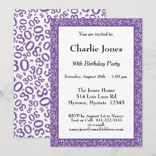 Age 30 Random Number Pattern Purple/White 30th Invitation