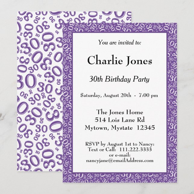 Age 30 Random Number Pattern Purple/White 30th Invitation (Front/Back)