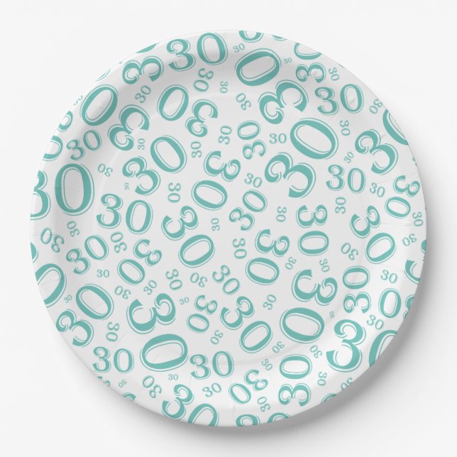 Age 30th Random Number Pattern Teal/White Paper Plate (Front)