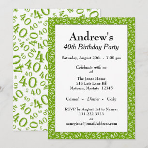 Age 40 Random Number Pattern Green/White 40th Invitation
