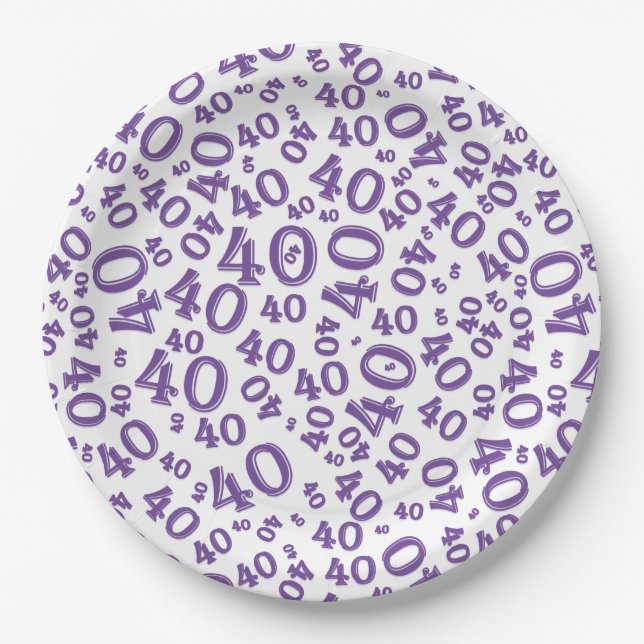 Age 40 Random Number Pattern Purple/White Paper Plate (Front)