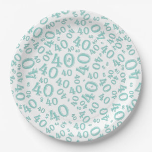 Age 40 Random Number Pattern Teal/White Paper Plate