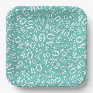 Age 40 Random Number Pattern Teal/White Paper Plate