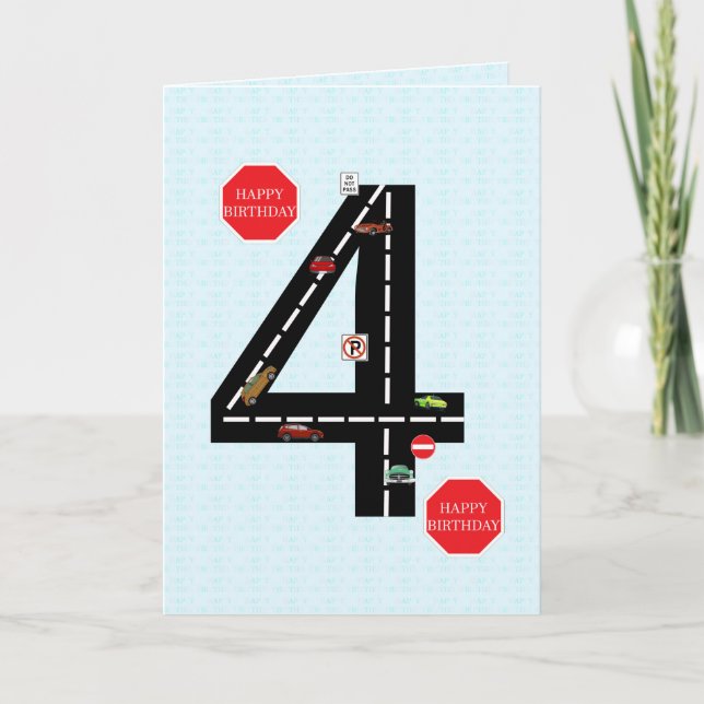 Age 4, 4th birthday, toy cars and road card (Front)