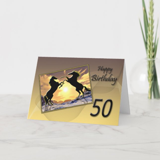 Age 50 a Birthday card with rearing horses (Front)