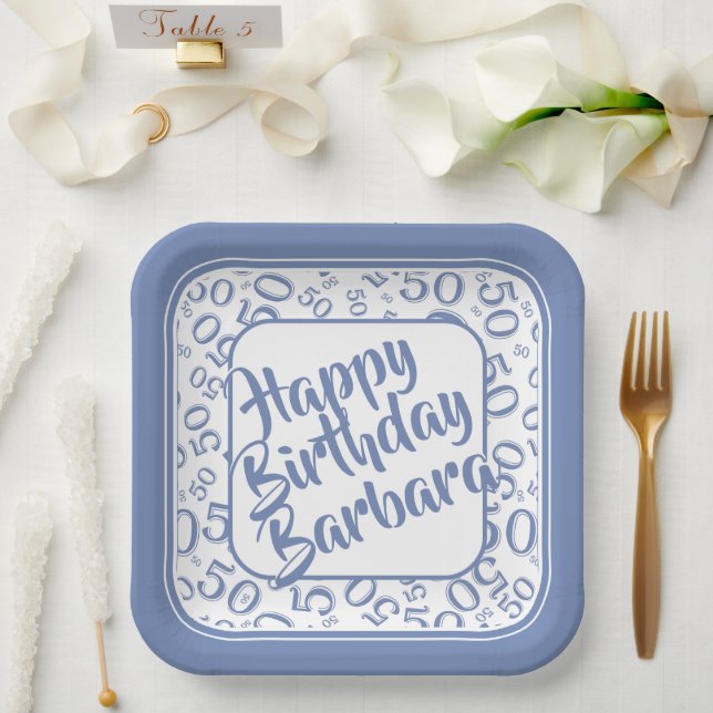 Age 50 Random Number Pattern Blue/White Paper Plate (Wedding)