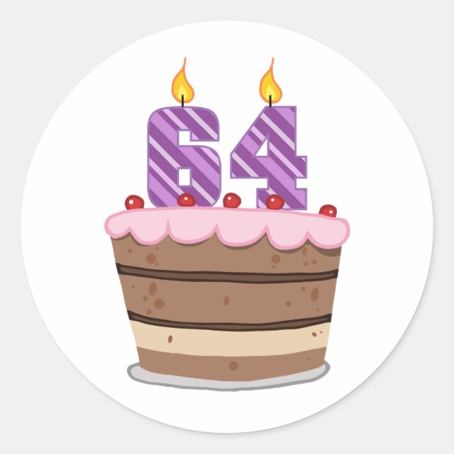 Age 64 on Birthday Cake Classic Round Sticker (Front)