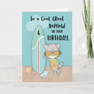 Age 6 Great Nephew Birthday Beach Funny Racoon Card