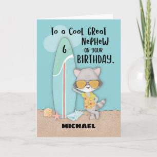 Age 6 Great Nephew Birthday Beach Funny Racoon Card