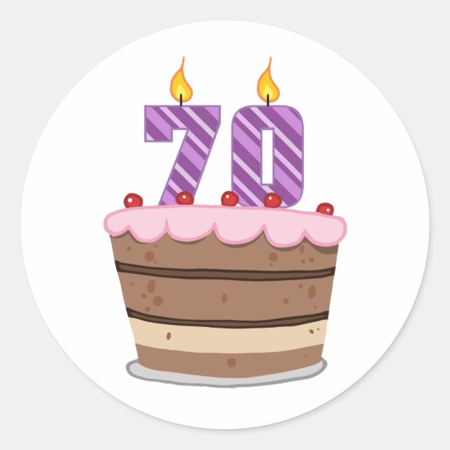 Age 70 on Birthday Cake Classic Round Sticker (Front)