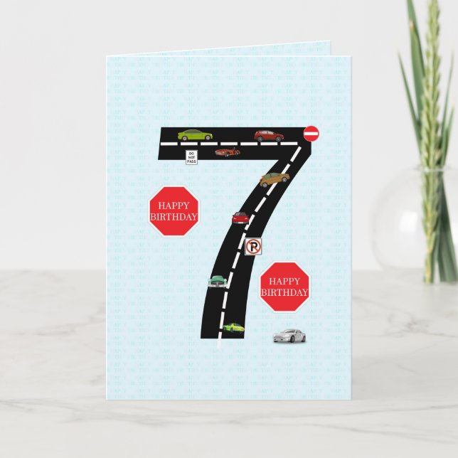 Age 7, 7th birthday, toy cars and road card (Front)