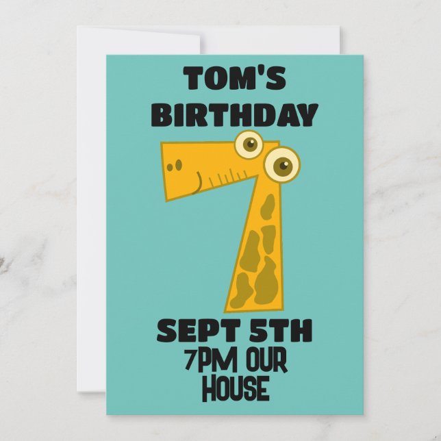 AGE 7 GIRAFFE 7TH BIRTHDAY PARTY INVITATIONS (Front)